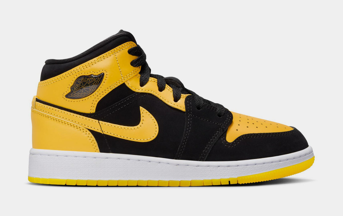 Exclusive Air Jordan 1 Mid Grade School Lifestyle Shoes ( Black/White/Varsity Maize) — 3.5Y — Front View