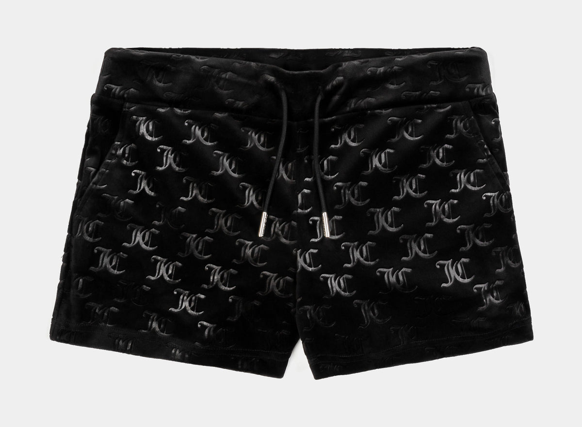 Exclusive Embroidered Hot Fix Velour Womens Shorts (Black) — XS — Front View