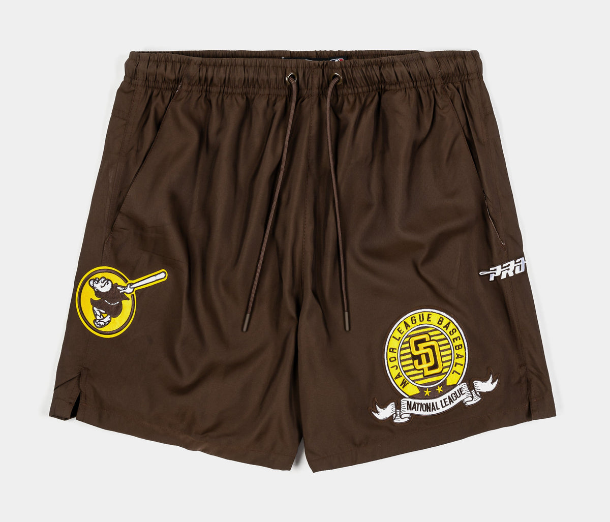 Exclusive San Diego Padres Team Badge Woven Mens Shorts (Brown/Yellow) — S — Front View