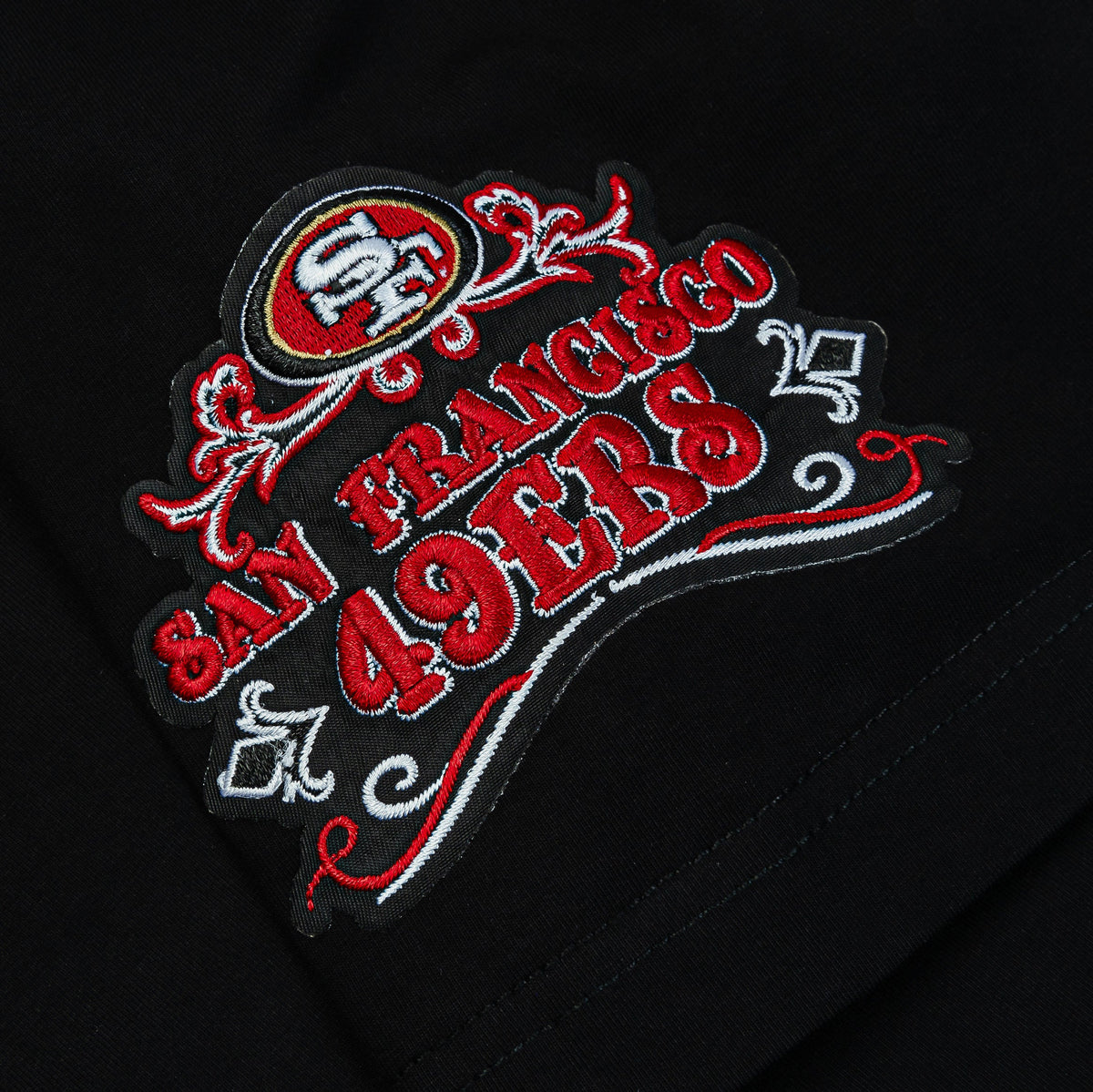 Exclusive San Francisco 49ers Stacked Mens Short Sleeve Shirt (Black/Red) — S — Back View