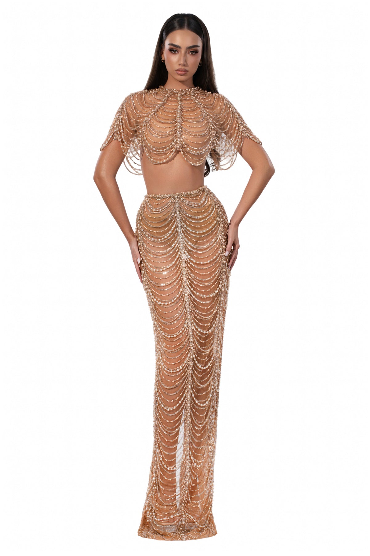 Exclusive Nude Two-Piece Set with Draped Crystal Beadwork — XXS — Front View