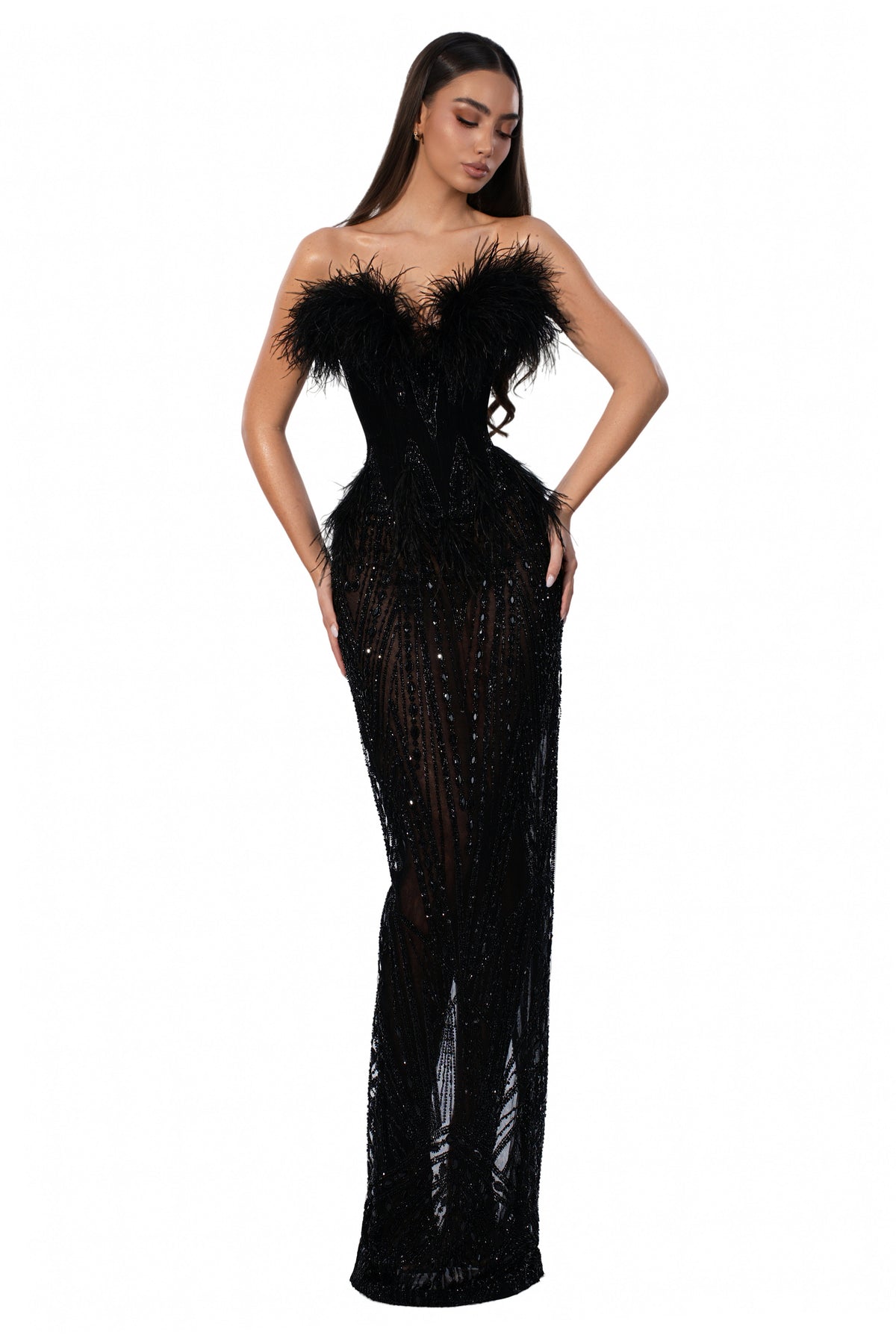 Exclusive Black Strapless Gown with Feather Details — XXS — Front View
