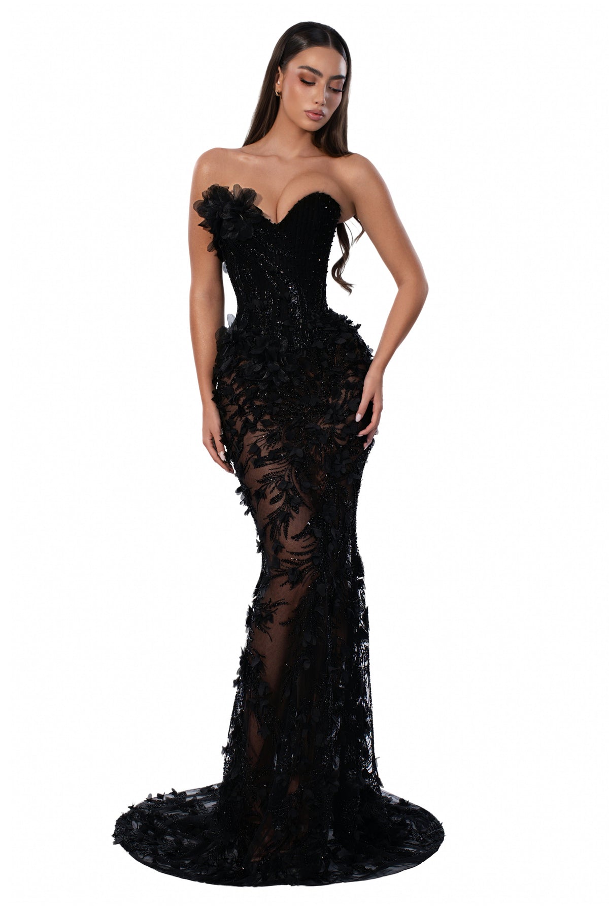 Exclusive Black Strapless Gown with 3D Floral Details — XXS — Front View