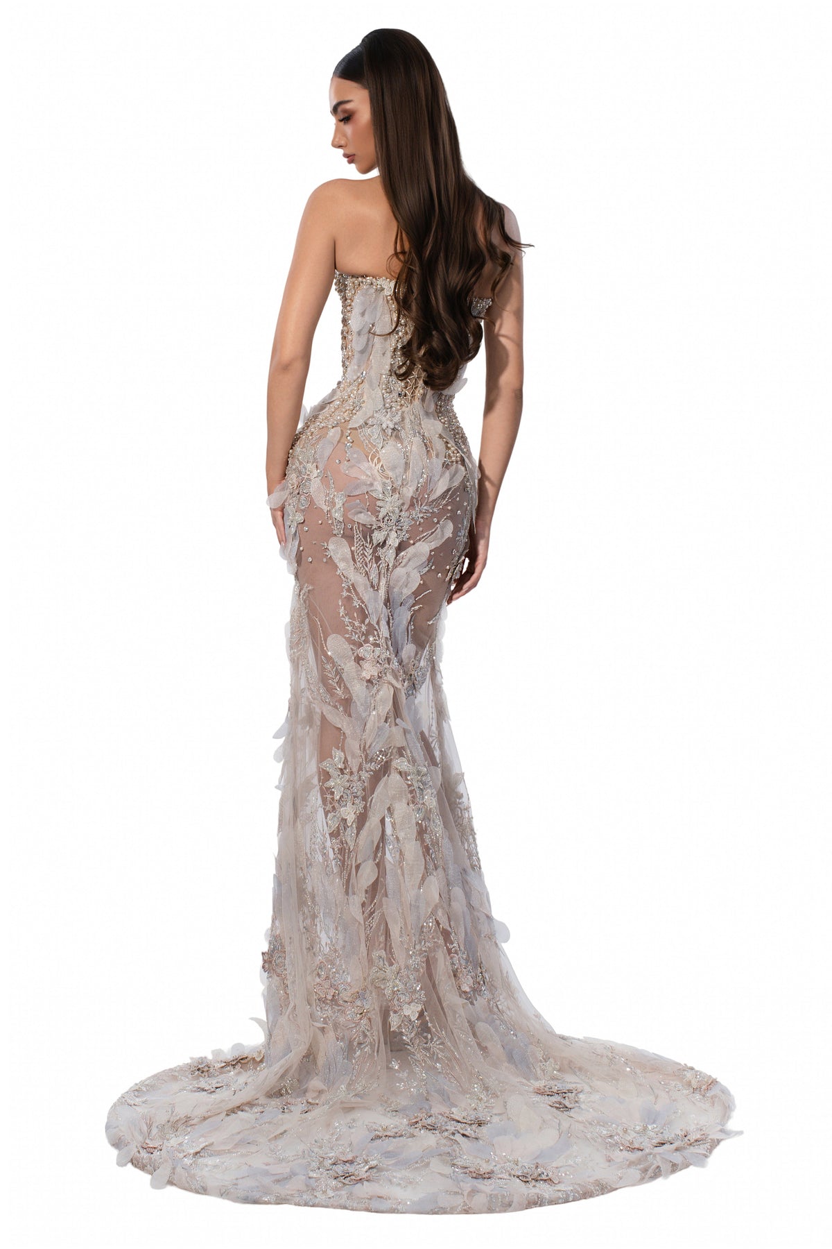 Exclusive Strapless Nude Gown with 3D Floral Details — XXS — Side View
