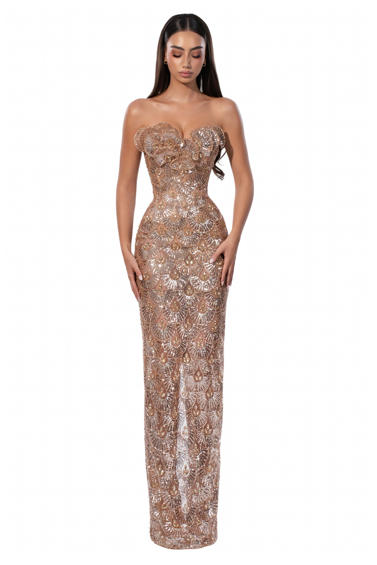 Exclusive Strapless Gold Gown with Sequin Embellishments — XXS — Front View