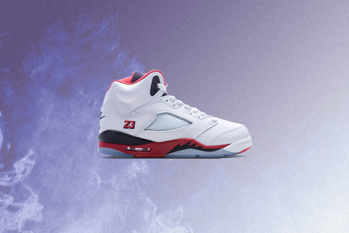 Jordan Air Jordan 5 Retro OG Fire Red 'Black Tongue' (GS) Grade School Basketball Sneakers – White/Fire Red/Black – HQ7980-101