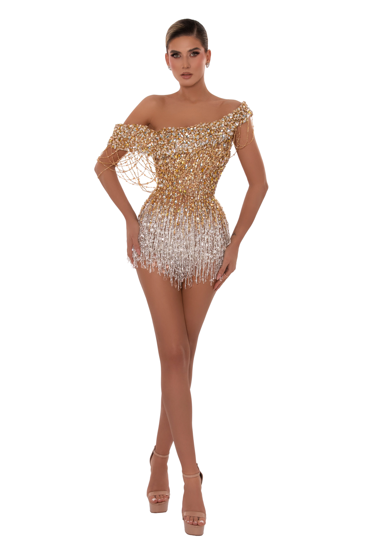 Exclusive Stoned Off-Shoulder Mini Dress (US Edition) — XXS — Front View
