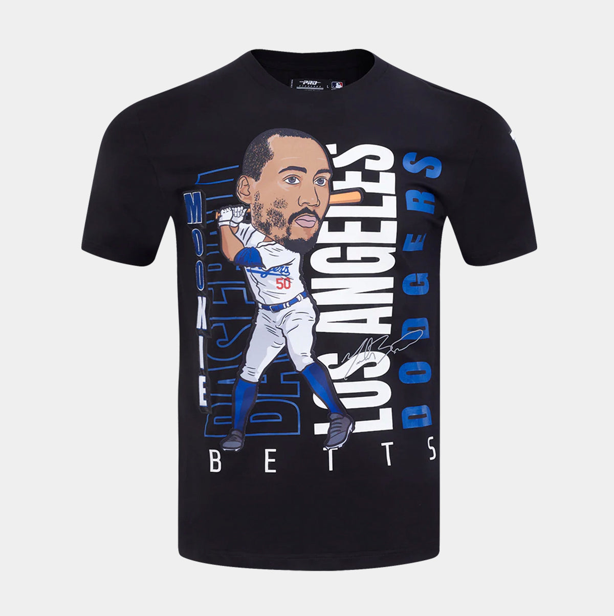 Exclusive Los Angeles Dodgers Mookie Betts #50 Mens Short Sleeve Shirt (Black/Blue/White) — S — Front View