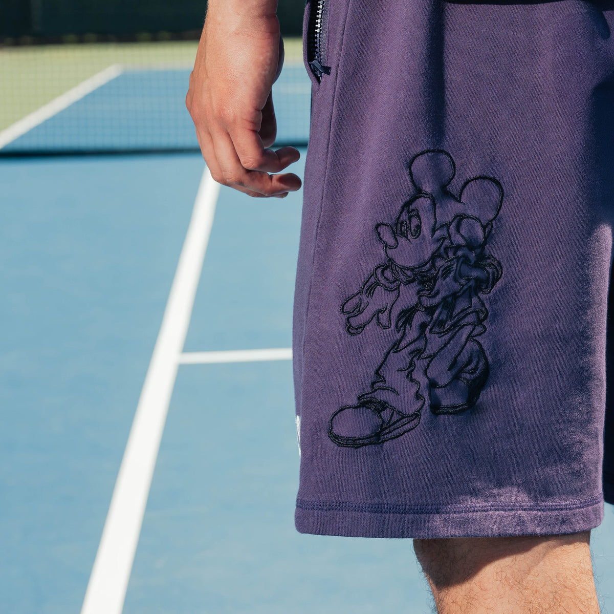 Exclusive Disney Mickey Mouse Real Life By Shoe Palace Fleece Mens Shorts (Purple/Black) — S — Side View