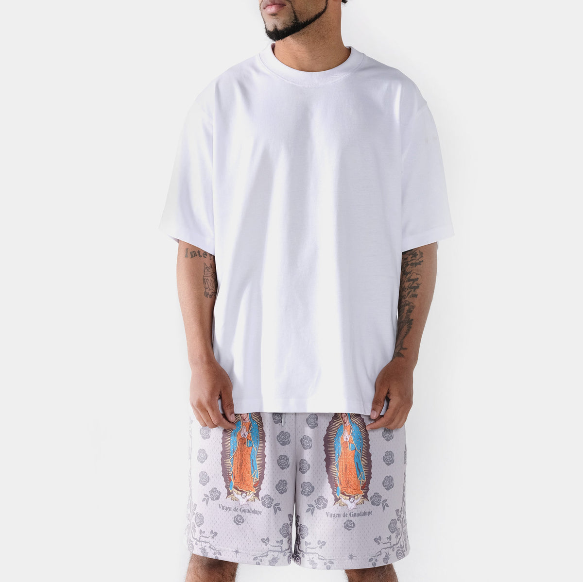 Exclusive Rose Guadalupe Mesh Mens Shorts (Beige/Black) — S — Side View