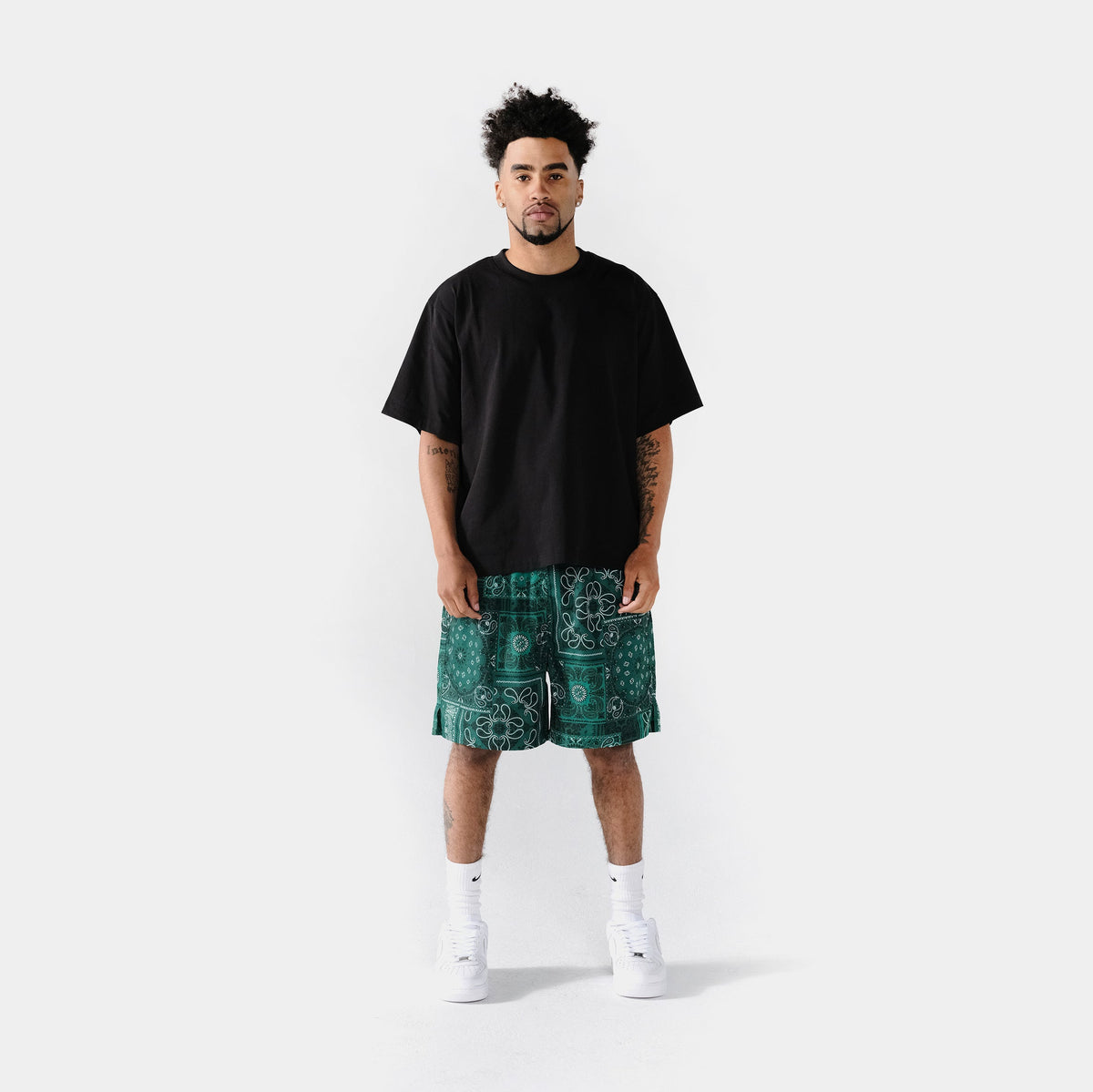 Exclusive Bandana Hybrid Mesh Mens Shorts (Green/Black) — S — Side View