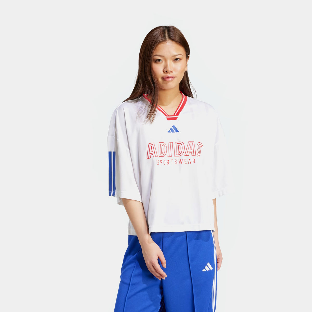 Exclusive Tiro Nations Boyfriend Womens Short Sleeve Shirt (White/Pure Ruby/Semi Lucid Blue) — XS — Front View