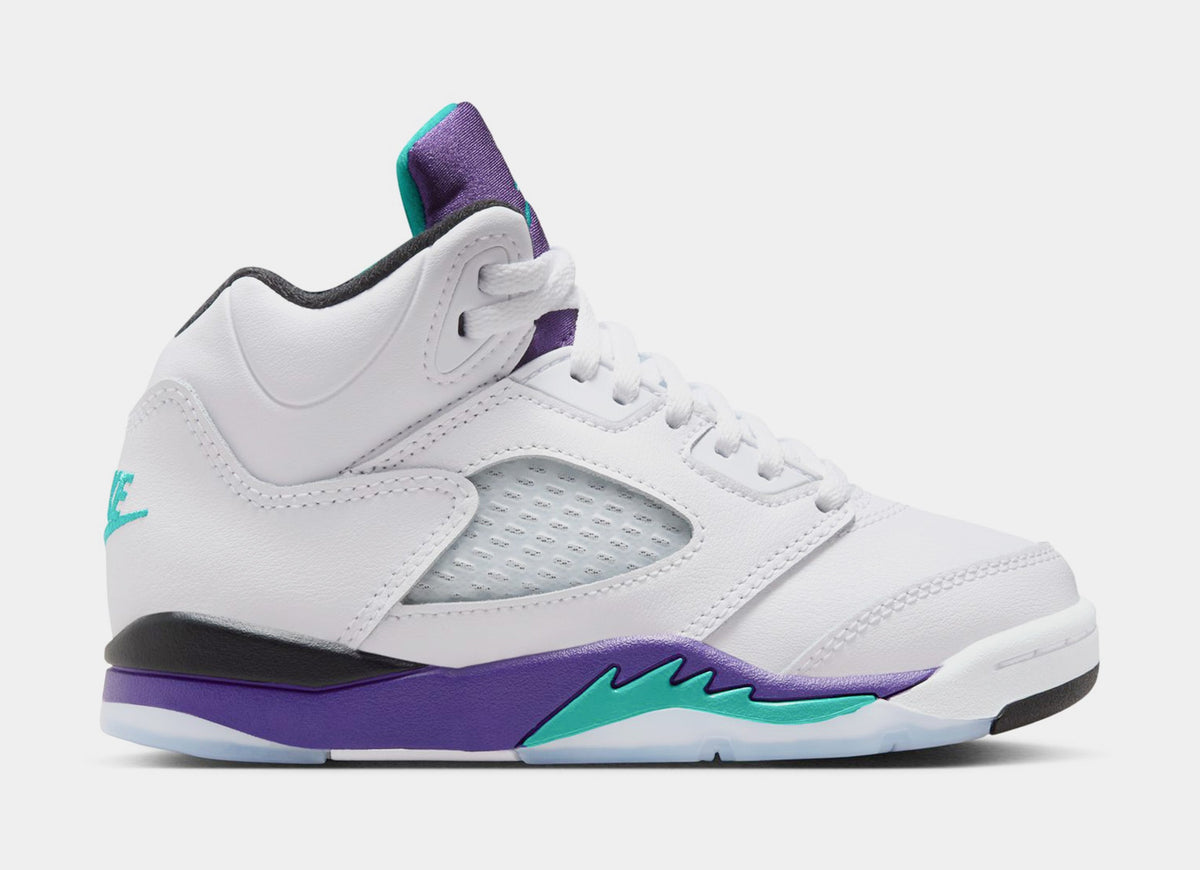 Exclusive Air Jordan 5 Retro Grape Preschool Lifestyle Shoes (White/New Emerald/Grape Ice/Black) — 10.5C — Front View