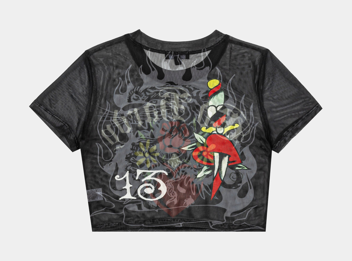 Exclusive Heart Tiger Mesh Baby Tee Womens Short Sleeve Shirt (Black/Red) — XS — Side View
