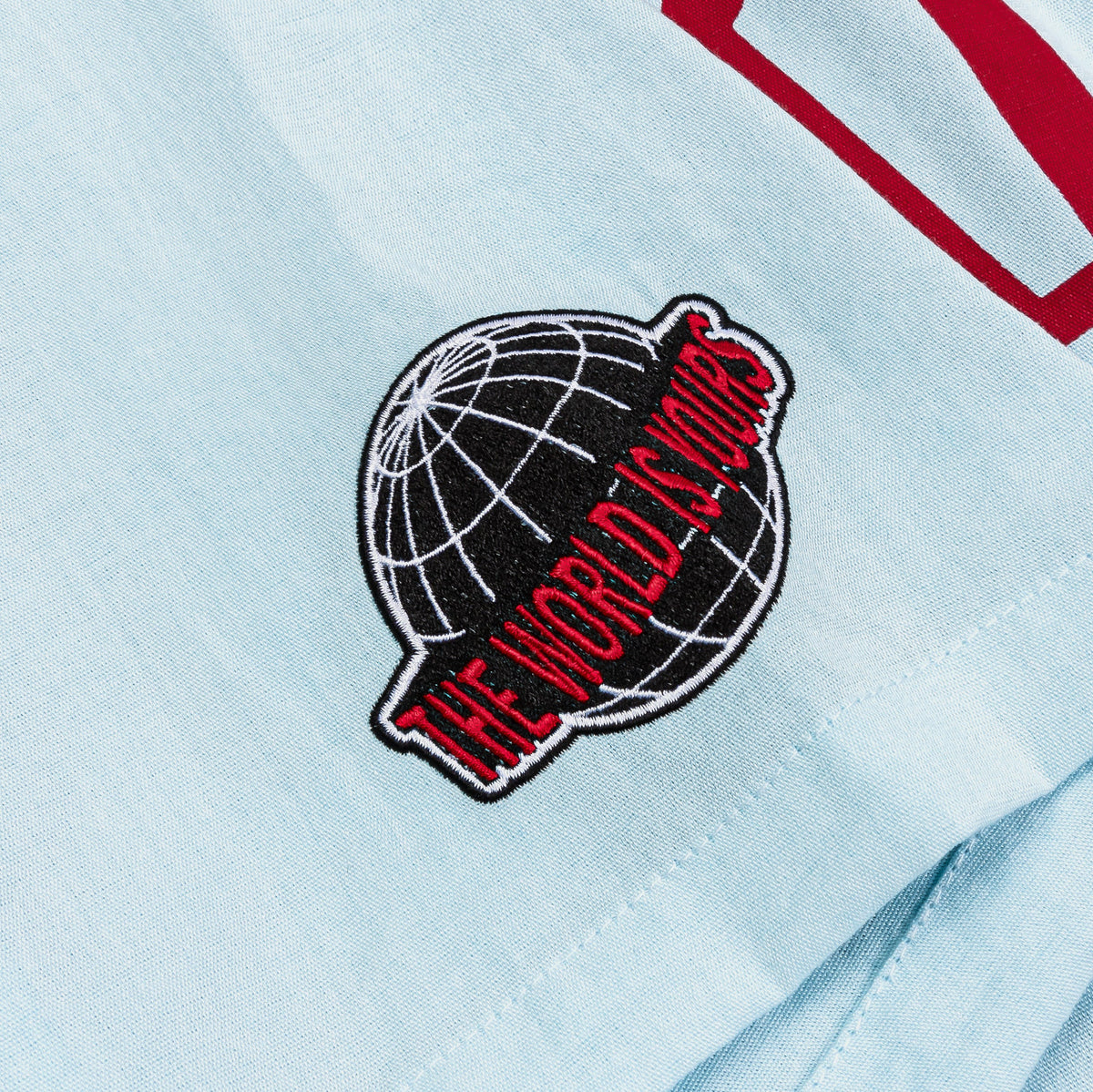 Exclusive SP x Scarface MGMT CO Button Up Mens Short Sleeve Shirt (Blue/Red) — S — Top View