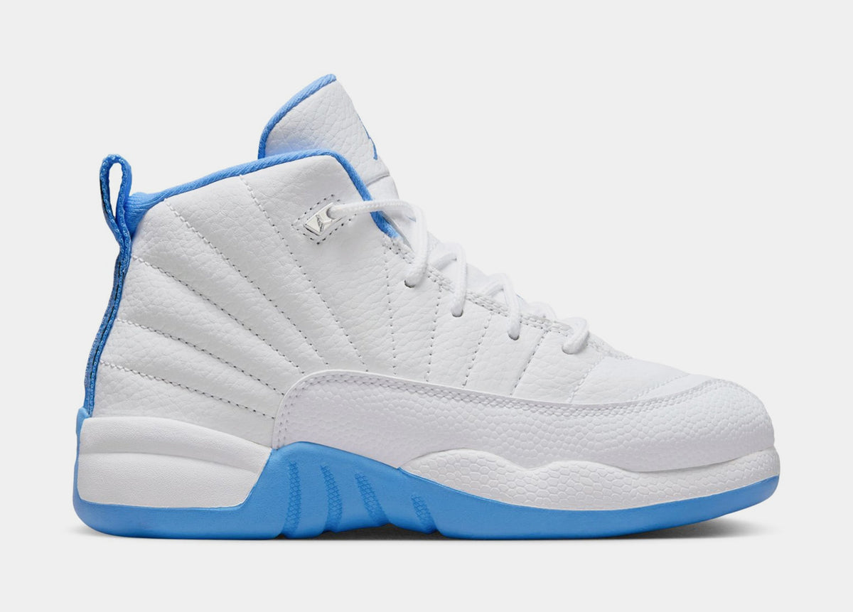 Exclusive Air Jordan 12 Retro White and University Blue Preschool Lifestyle Shoes (White/University Blue/Metallic Silver) Free Shipping — 10.5C — Front View