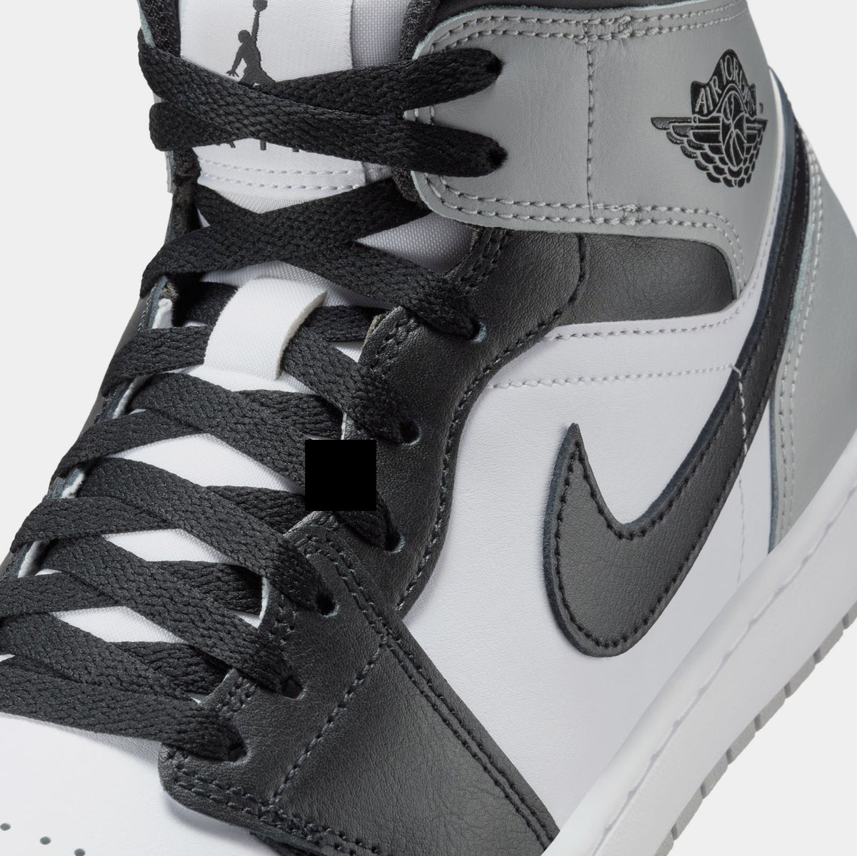Exclusive Air Jordan 1 Mid Mens Lifestyle Shoes (White/Light Smoke Grey/Black) — 7 — Detail View