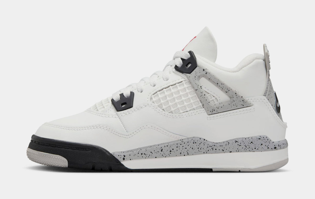 Exclusive Air Jordan 4 Retro White Cement Preschool Lifestyle Shoes (Summit White/Fire Red/Cement Grey/Black) — 10.5C — Back View