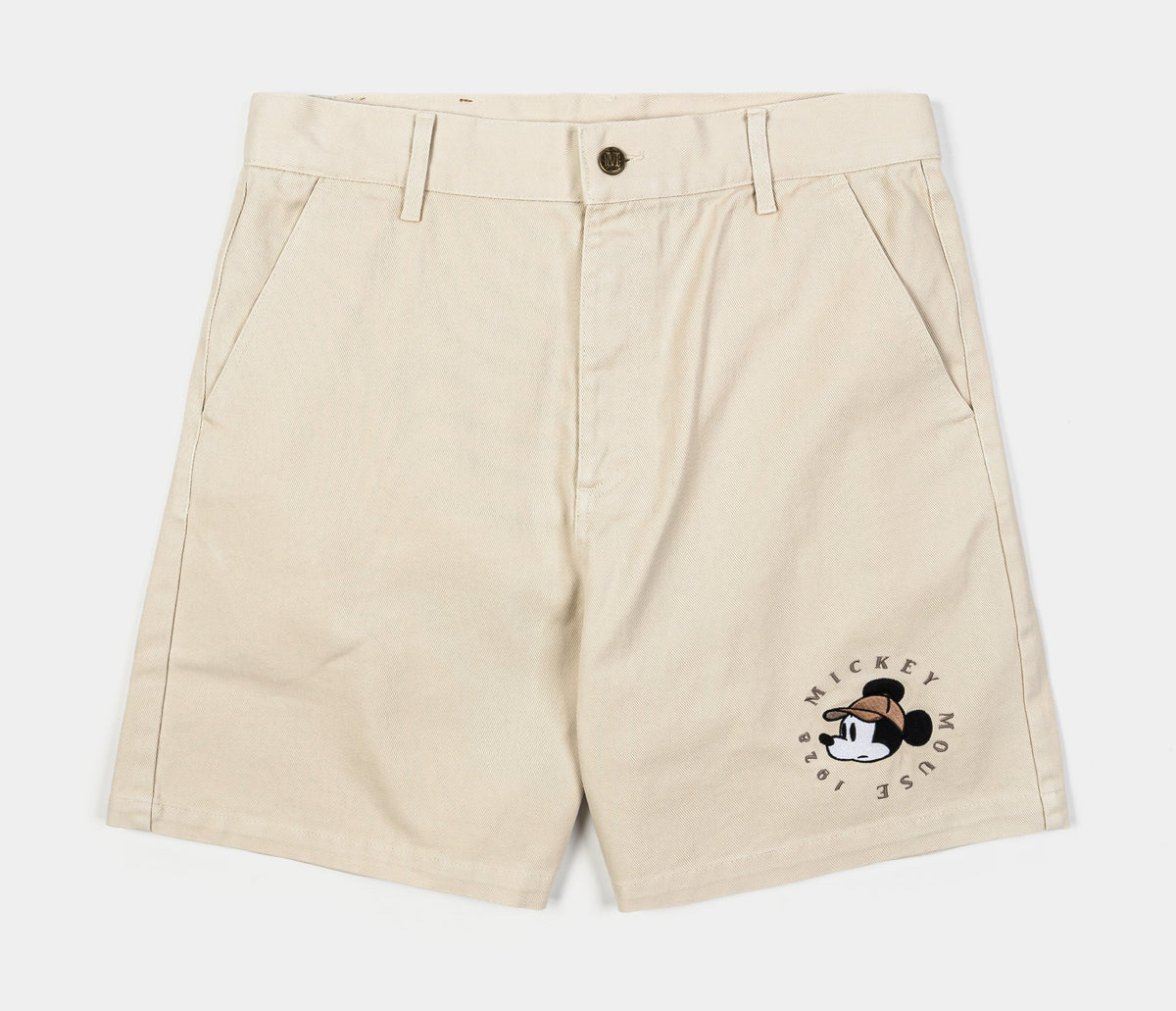 Exclusive Disney Mickey Mouse Real Life By Shoe Palace Explorer Woven Mens Shorts (Beige/Black) — S — Front View
