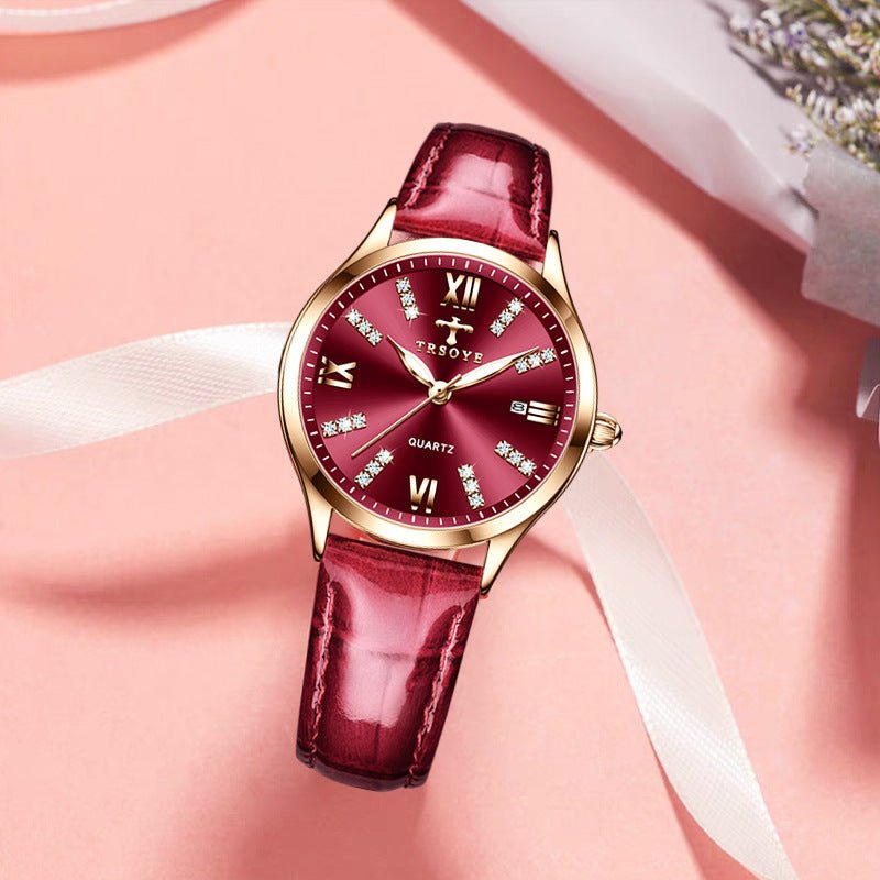 Exclusive Automatic Delicate Small Dial Waterproof Quartz Watch — 958 Red Belt Style — Front View