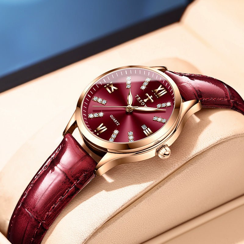 Exclusive Automatic Delicate Small Dial Waterproof Quartz Watch — 958 Red Belt Style — Lifestyle View