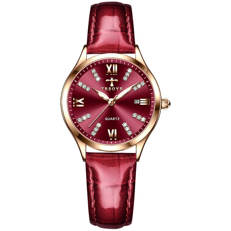Exclusive Automatic Delicate Small Dial Waterproof Quartz Watch — 958 Red Belt Style — Side View