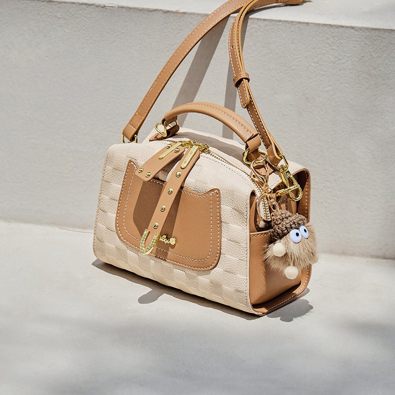 Exclusive Autumn And Winter Boston Pillow Bag — Beige And Apricot — Size 21x10.5x14CM — Top View