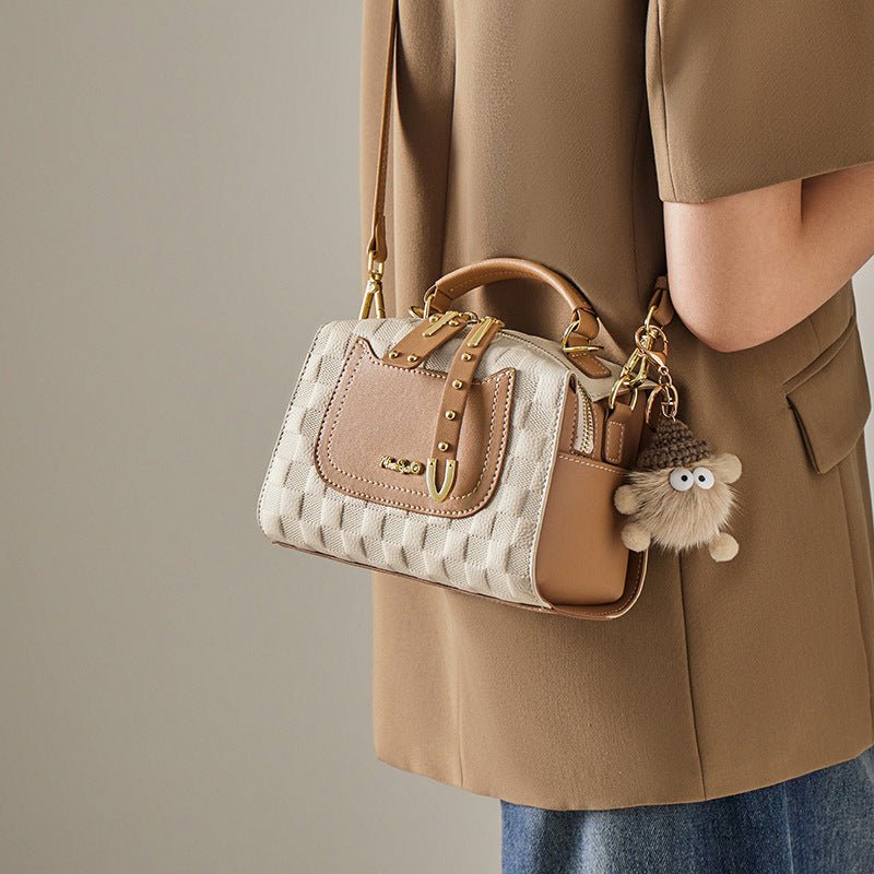 Exclusive Autumn And Winter Boston Pillow Bag — Beige And Apricot — Size 21x10.5x14CM — Front View