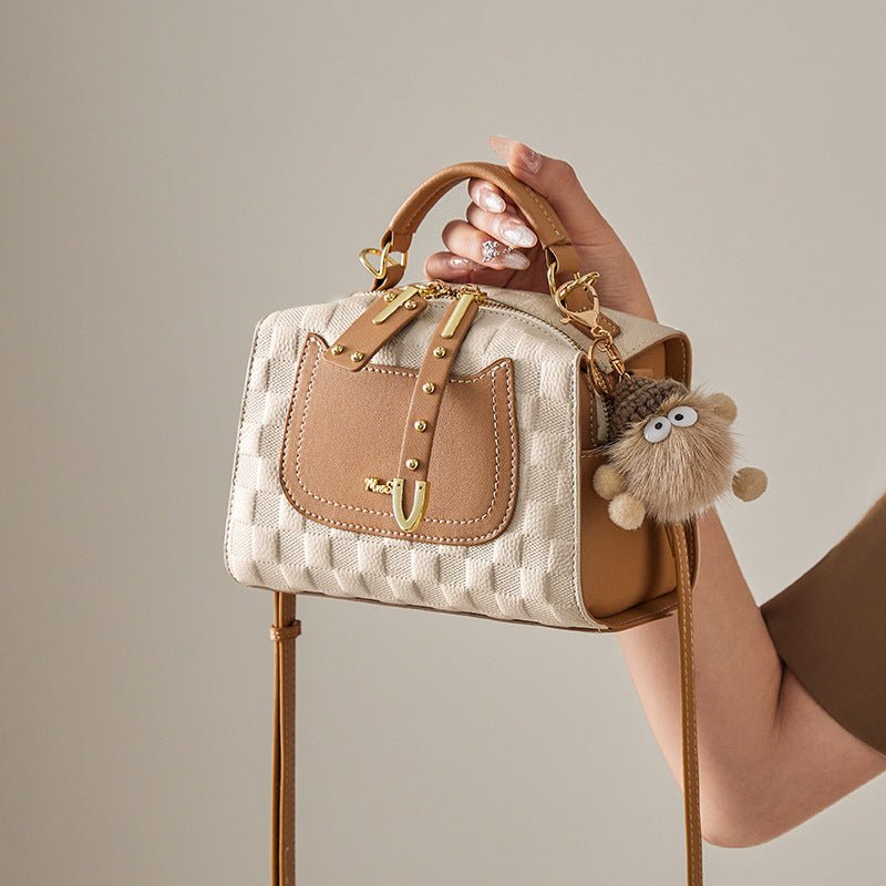 Exclusive Autumn And Winter Boston Pillow Bag — Beige And Apricot — Size 21x10.5x14CM — Side View