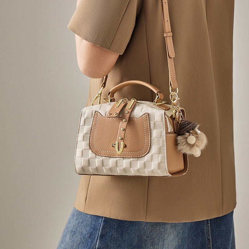Exclusive Autumn And Winter Boston Pillow Bag — Beige And Apricot — Size 21x10.5x14CM — Back View