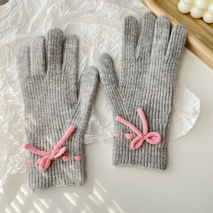 Exclusive Autumn And Winter New Bow Pure Color Warm Gloves — Gray — Back View
