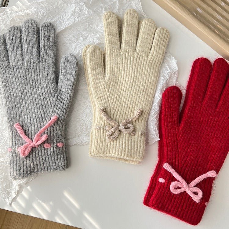 Exclusive Autumn And Winter New Bow Pure Color Warm Gloves — Gray — Top View