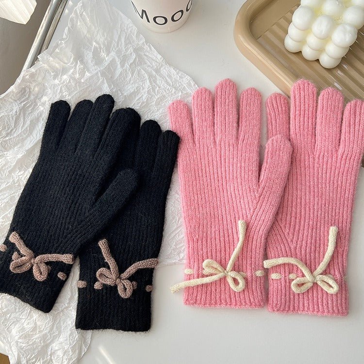 Exclusive Autumn And Winter New Bow Pure Color Warm Gloves — Gray — Front View