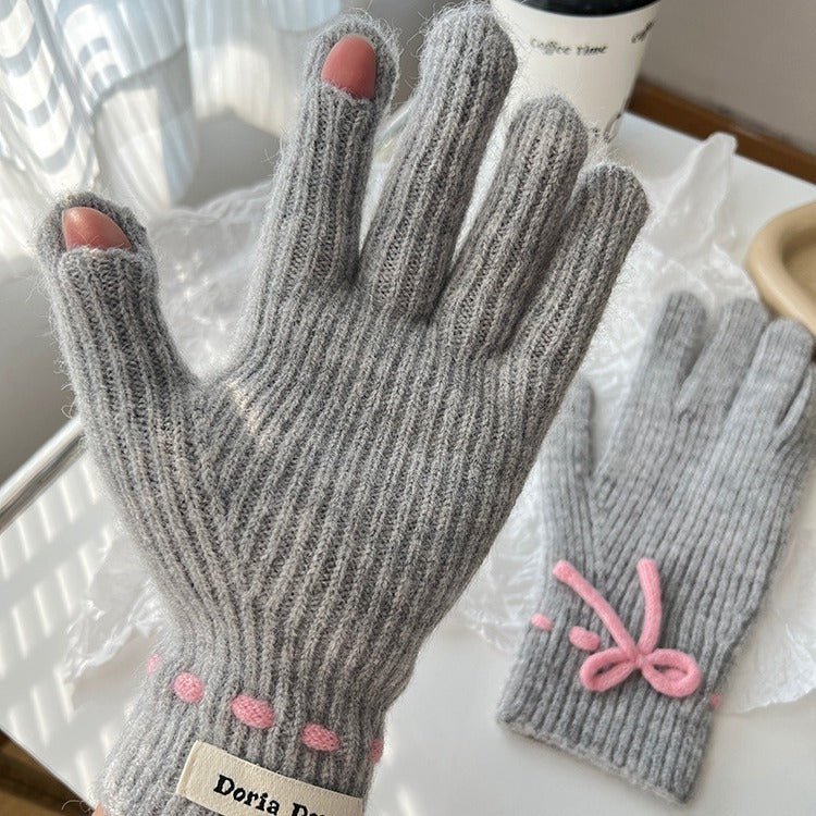 Exclusive Autumn And Winter New Bow Pure Color Warm Gloves — Gray — Side View