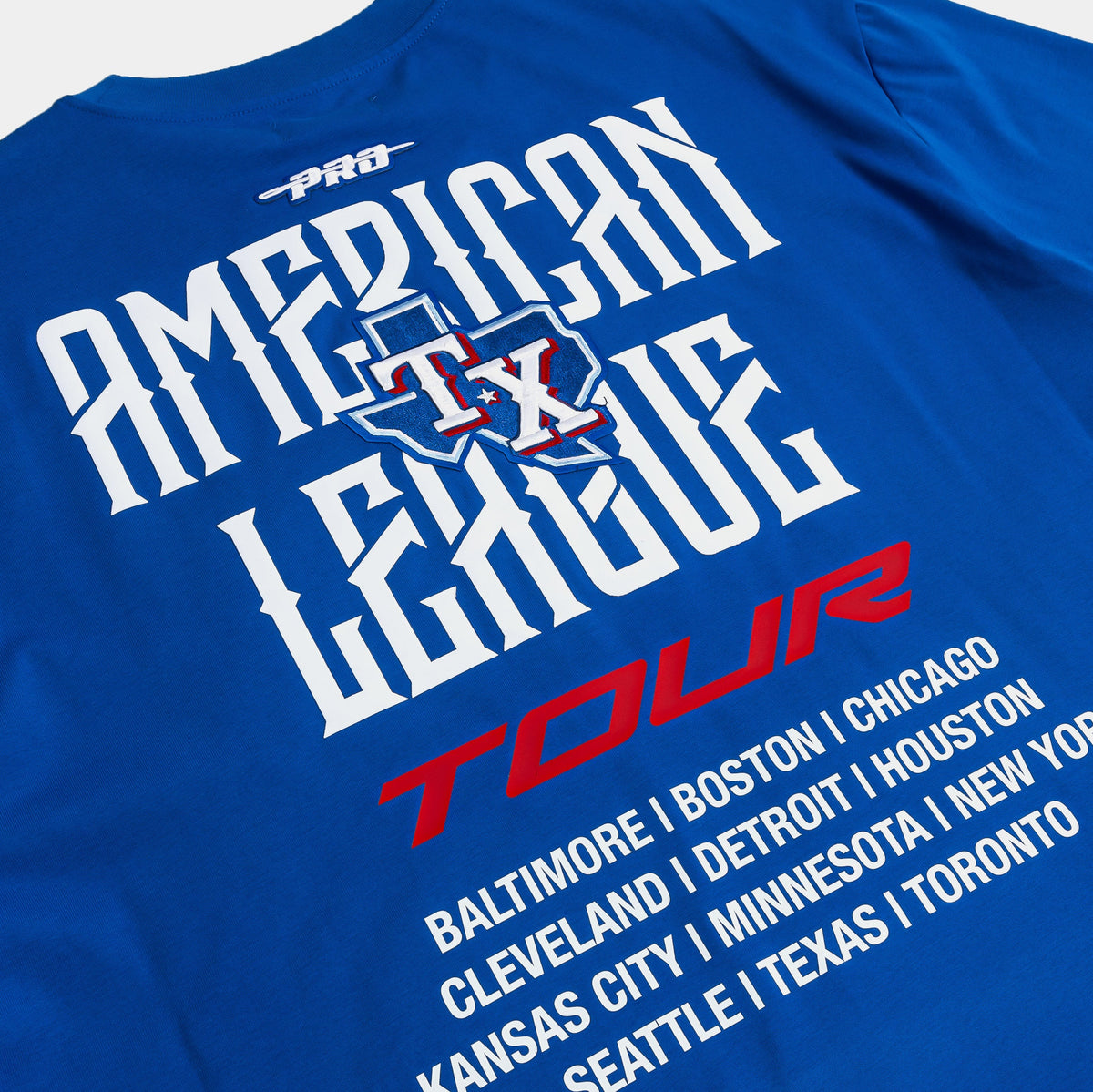 Exclusive Texas Rangers City Tour Mens Short Sleeve Shirt (Blue/White/Red) — S — Side View