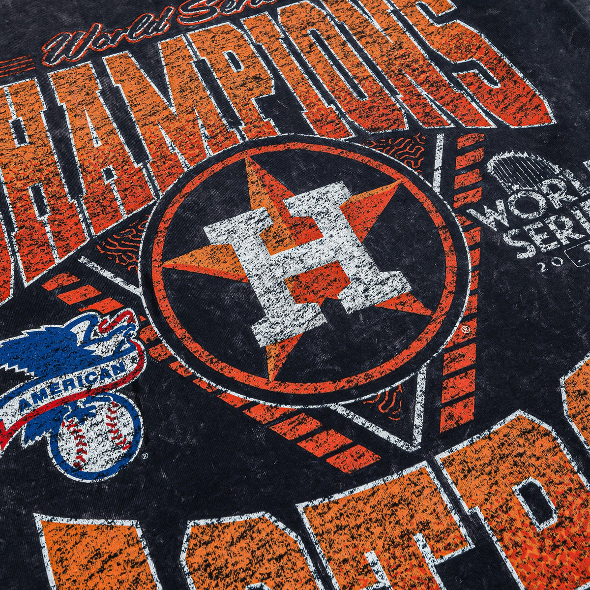 Exclusive Houston Astros World Series Champions Mens Short Sleeve Shirt (Navy/Orange) — S — Side View