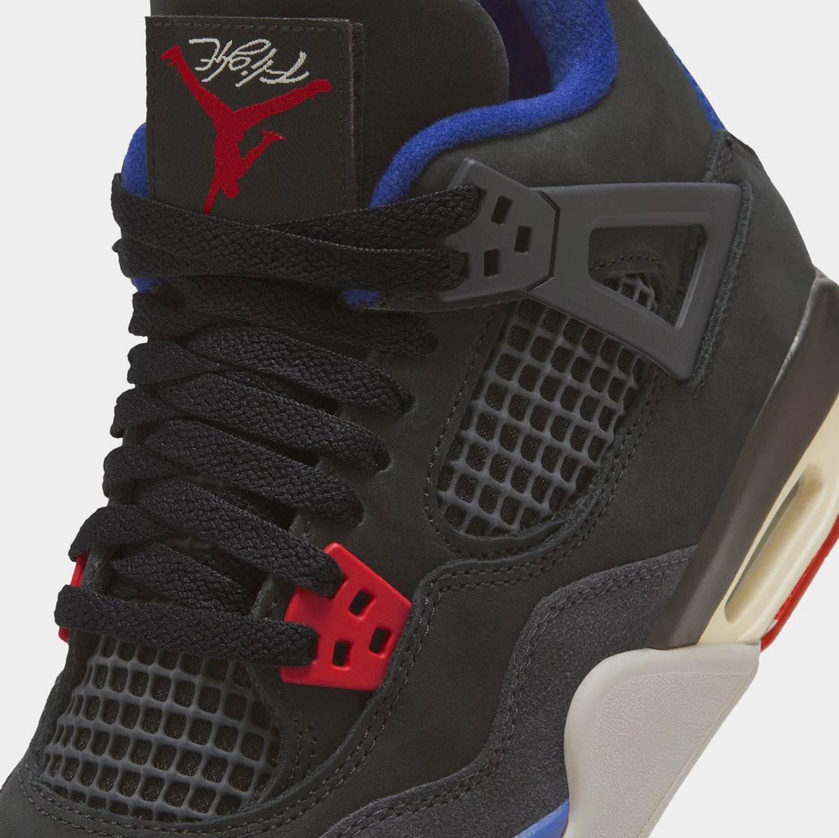 Exclusive Air Jordan 4 Retro Rare Air Grade School Lifestyle Shoes (Black/Fire Red/Deep Royal Blue/Dark Smoke Grey/Tech Grey) — 3.5Y — Detail View