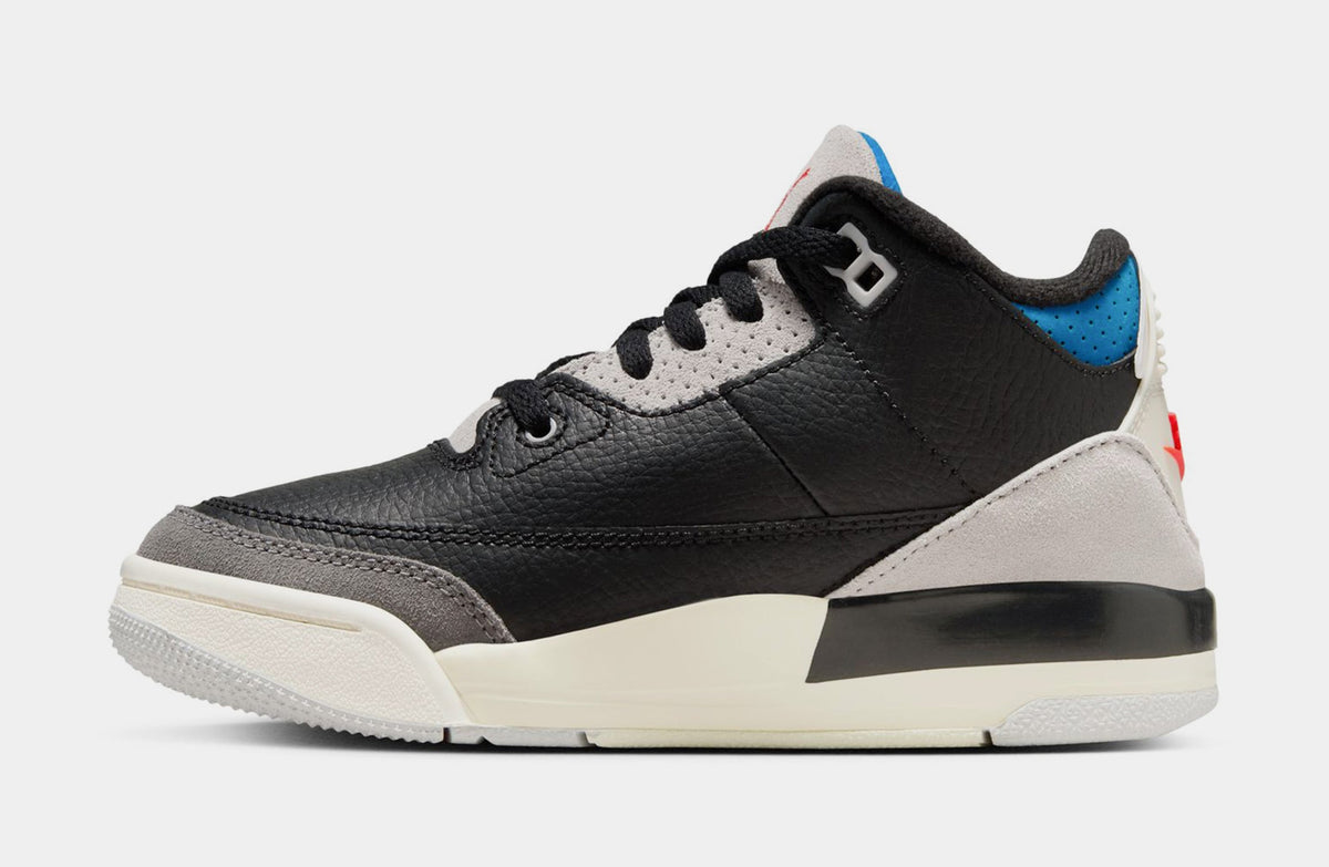Exclusive Air Jordan 3 Retro OG Rare Air Preschool Lifestyle Shoes (Black/Chile Red/Neutral Grey/Military Blue/Coconut Milk) Free Shipping — 10.5C — Back View