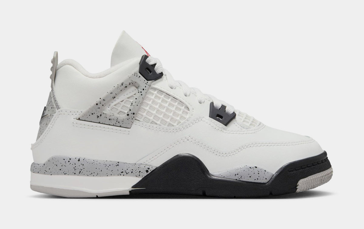 Exclusive Air Jordan 4 Retro White Cement Preschool Lifestyle Shoes (Summit White/Fire Red/Cement Grey/Black) — 10.5C — Front View