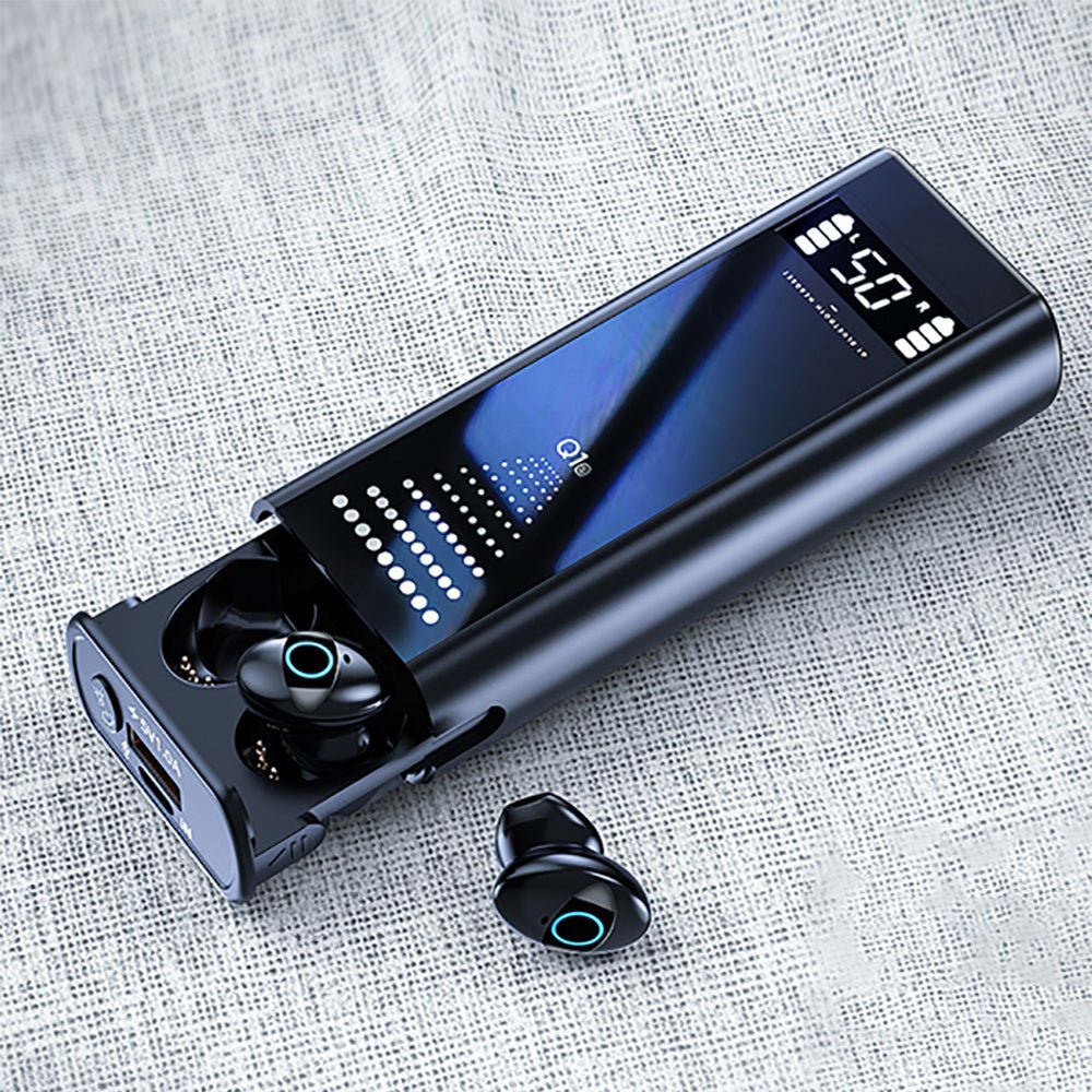 Exclusive Multi-Function HiFi 9D Wireless Earphones — Black with LCD Display — Front View