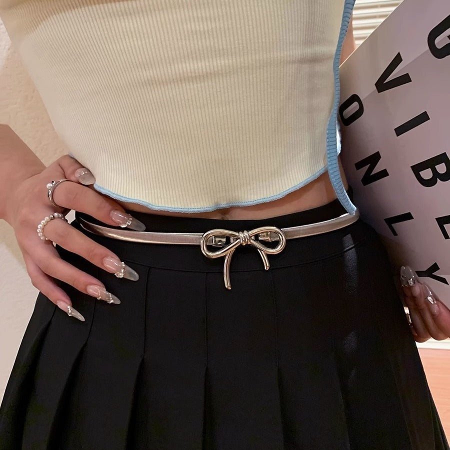 Exclusive Bow Metal Waist Chain Belt — Silver — Front View
