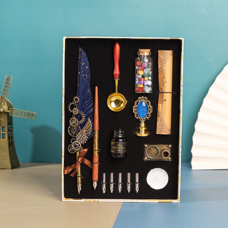 Exclusive Business Gift Box Gift Pen Set — Wine red dots — Back View