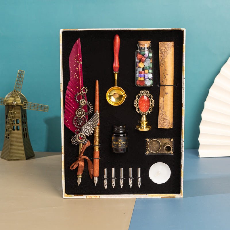 Exclusive Business Gift Box Gift Pen Set — Wine red dots — Side View