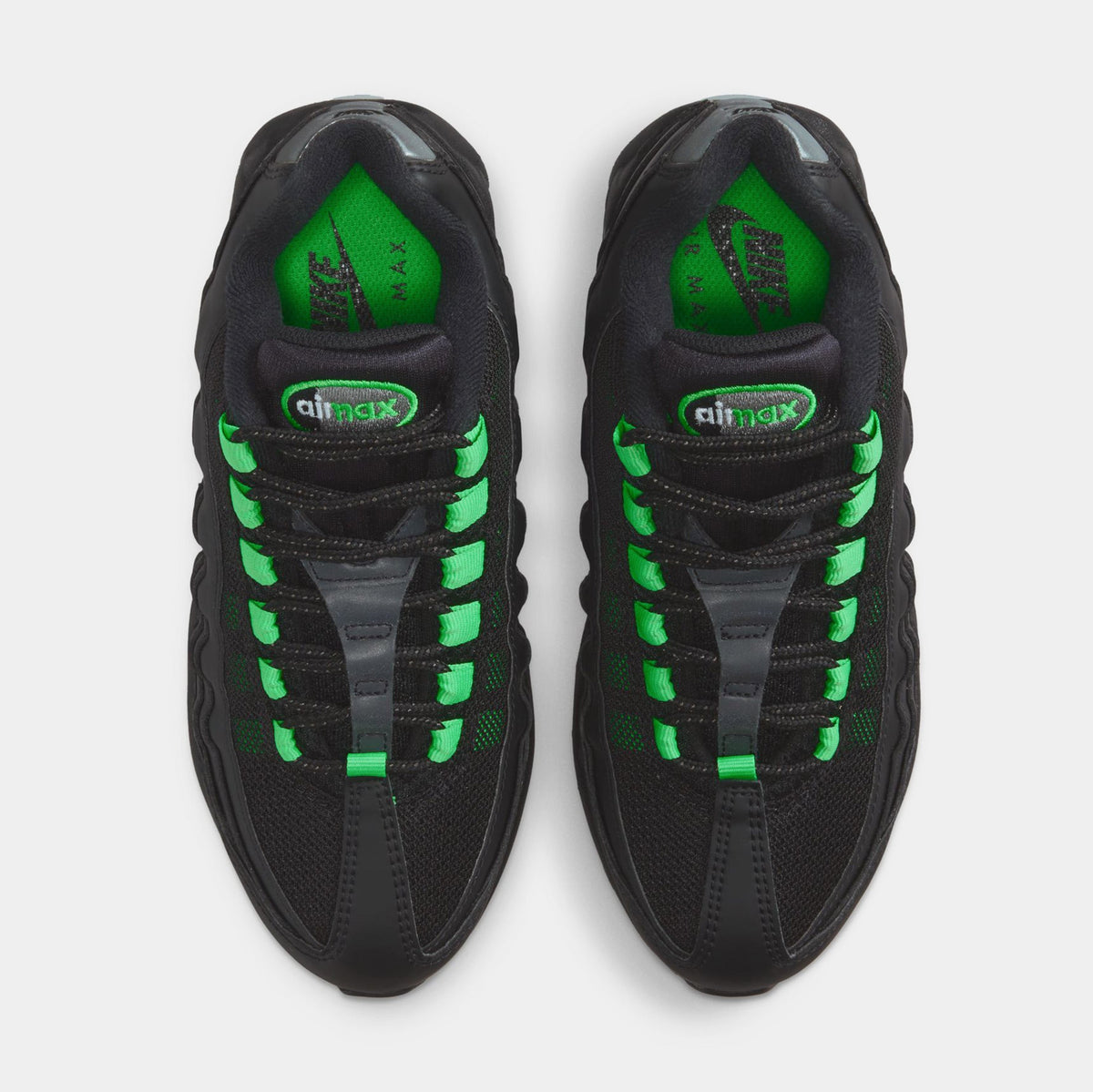 Exclusive Air Max 95 Grade School Lifestyle Shoes (Black/Black/Pearl Grey/Green Shock) — 3Y — Side View