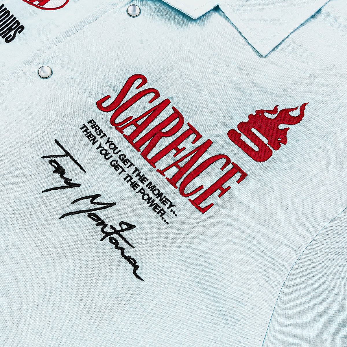 Exclusive SP x Scarface MGMT CO Button Up Mens Short Sleeve Shirt (Blue/Red) — S — Back View