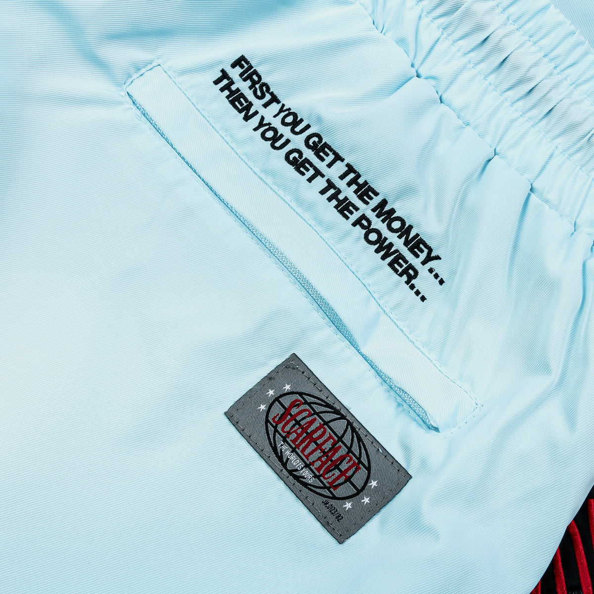 Exclusive SP x Scarface Power Hybrid Mens Shorts (Blue/Red) — S — Top View