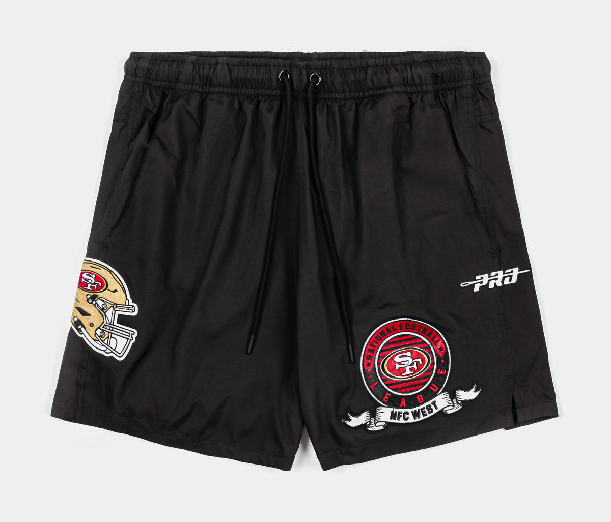 Exclusive San Francisco 49ers Team Badge Woven Mens Shorts (Black/White) — S — Front View
