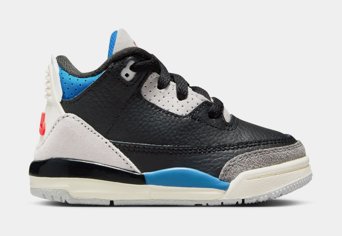 Exclusive Air Jordan 3 Retro OG Rare Air Infant Toddler Lifestyle Shoes (Black/Chile Red/Neutral Grey/Military Blue/Coconut Milk) — 2C — Front View