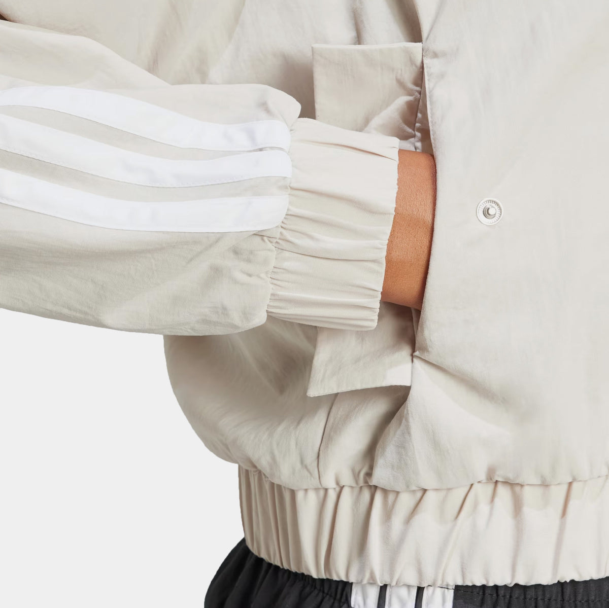 Exclusive 3 Stripes Woven Bomber Womens Jacket (Beige/White) — XS — Back View