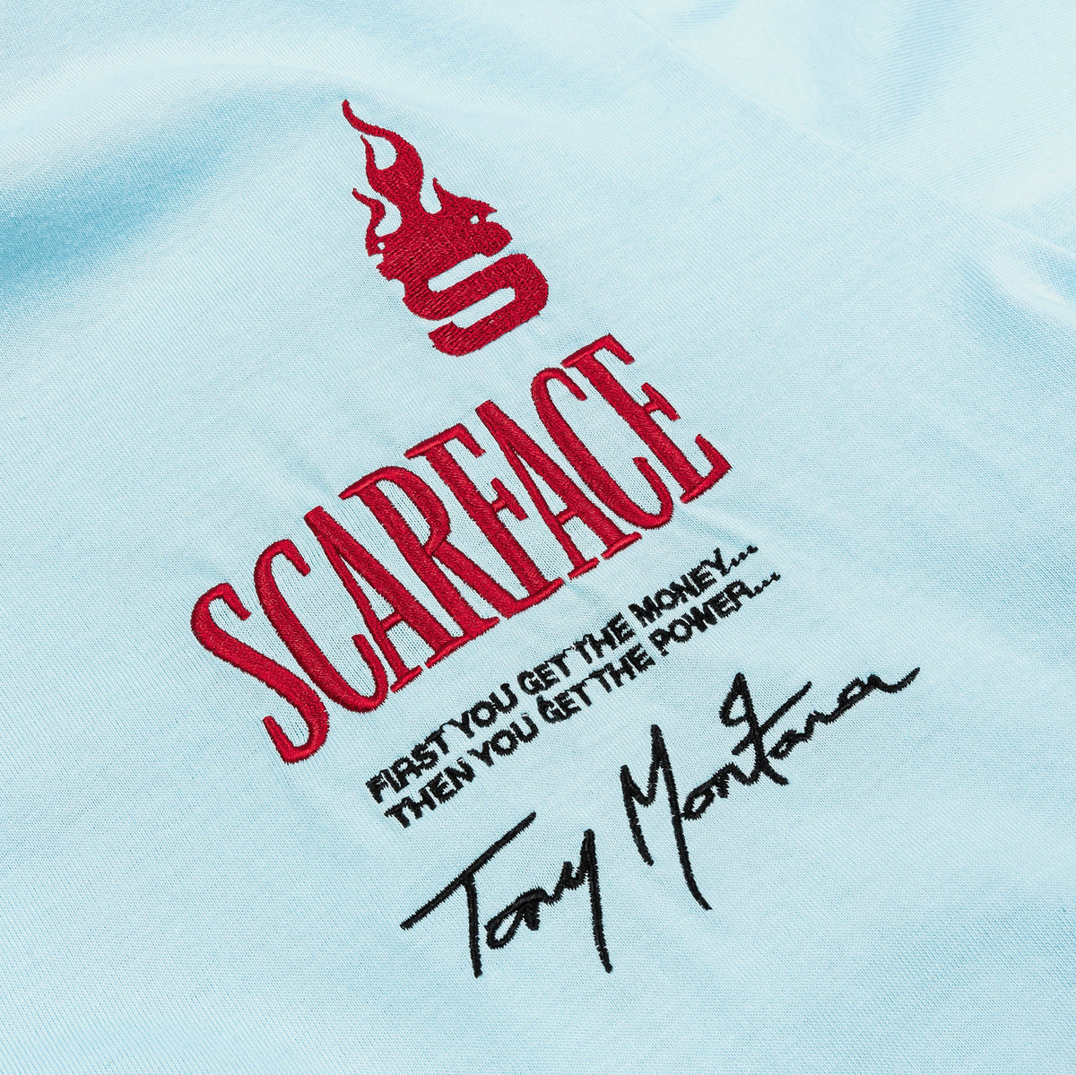 Exclusive SP x Scarface MGMT CO Mens Short Sleeve Shirt (Blue/Red) — S — Back View